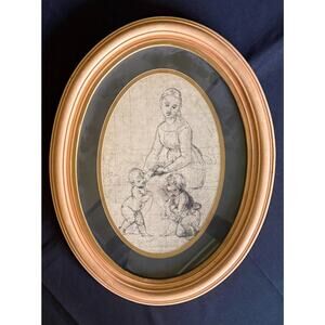 Antique 19thC Oval Gilt Framed Stipple Engraving After Raphael - Madonna & Child